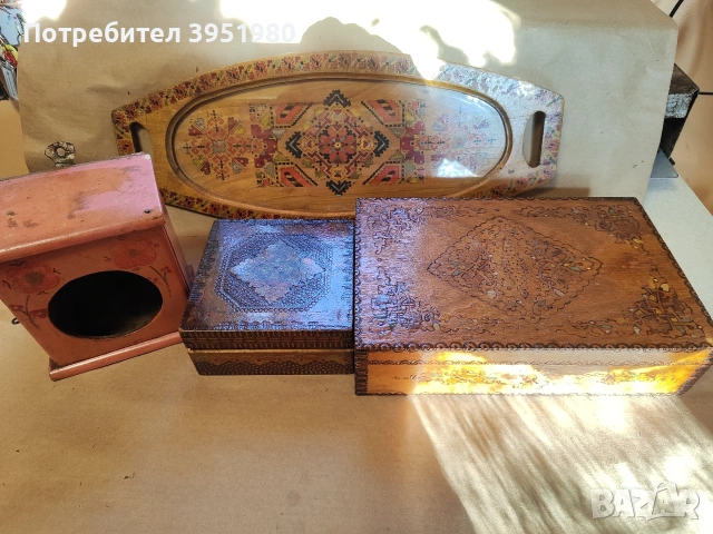 Пирографирани кутии,ретро поднос и кутия за часовник