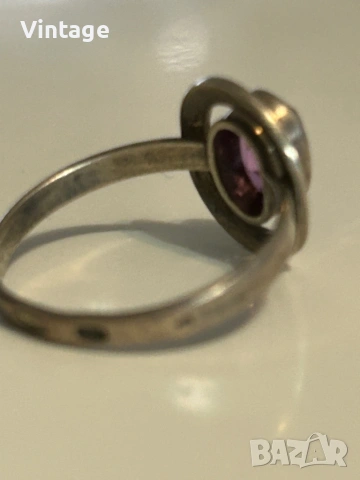 Прекрасен старинен съветски сребърен пръстен с естествен камък аметист , снимка 7 - Пръстени - 53347517