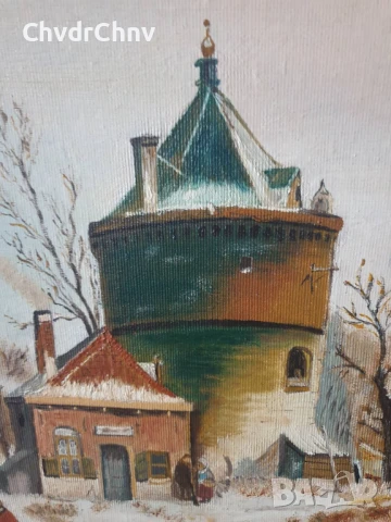 54х44см/малка картина масло върху платно/пейзаж/къщи-каменна кула-мелница/1986/дървена рамка, снимка 4 - Картини - 51215077