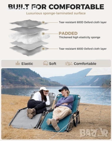 Сгъваем шезлонг KingCamp, голям подплатен градински шезлонг с 5 регулируеми позиции, 200 х 68 см, снимка 8 - Градински мебели, декорация  - 52776867