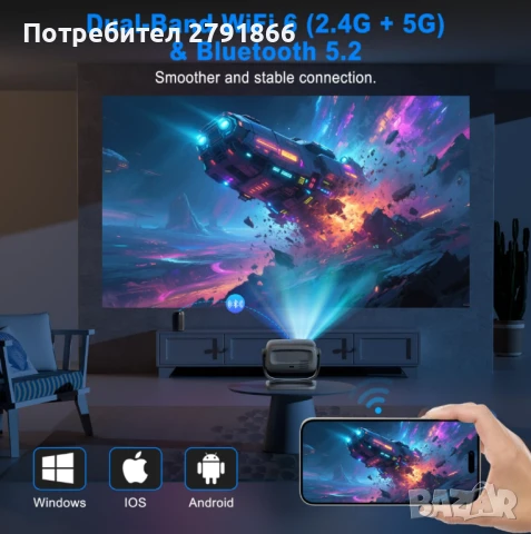 Проектор 4K, електрически фокус/трапецовидна корекция,интелигентен проектор с 5G WiFi 6 и BT5.2, снимка 4 - Плейъри, домашно кино, прожектори - 50862106