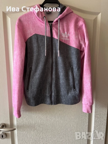 Спортно горнище худи с качулка и цип Adidas сиво розово