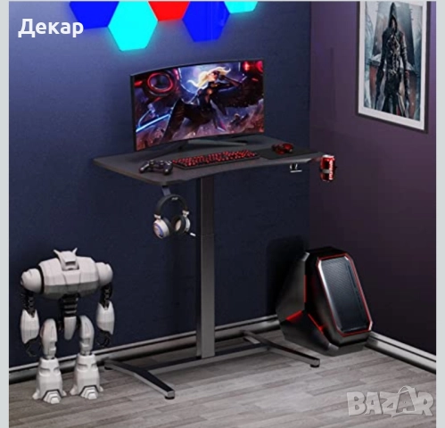 Геймърско бюро с регулируема в-на ,кука за слушалки и поставка за чаша, снимка 7 - Бюра - 51715152