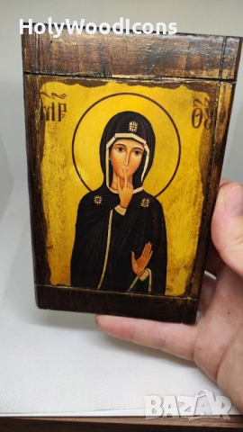 Ръчно изработена икона на Света Богородица на Мълчанието – православна икона 10x15 см, снимка 4 - Икони - 52864745