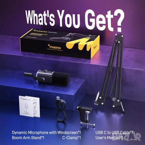 Гейминг микрофон RGB комплект с рамо MAONO PD100XS USB/XLR - Чисто нов, снимка 4 - Микрофони - 54102795