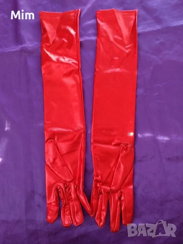 Червени сатенени дълги еластични ръкавици с 5 пръста в различни цветове , снимка 3 - Корсети, бюстиета, топове - 50580573