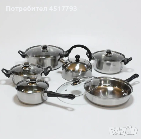Комплект от 12 части за всяка кухня. 3бр тенджери, тиган, касерола и чайник и капаци, снимка 2 - Съдове за готвене - 53570082