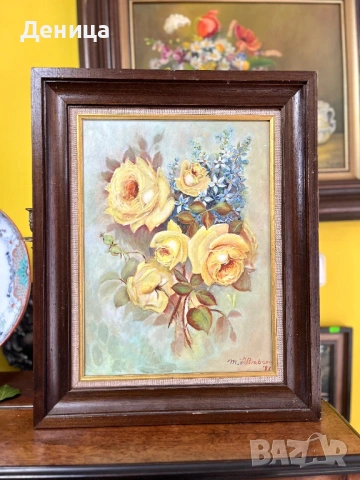 Слънчеви рози и нежни сини звездички  Рисувана върху платно, което е изпънато с фазер и защитено  