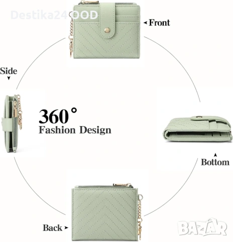 Компактен дамски портфейл с RFID защита и отделение за монети – зелен, снимка 2 - Чанти - 53727433