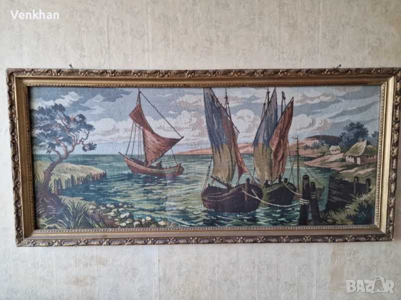 Гоблен "Кораби" с рамка – 119x54 см – Много добро състояние., снимка 1