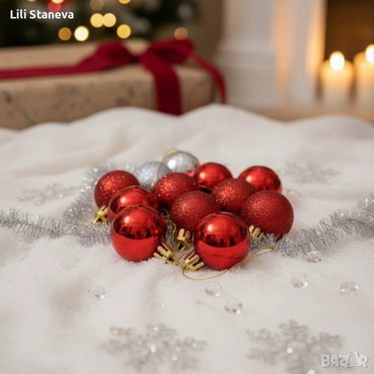 Комплект коледни топки 2 см – сребърни (8 бр.) и червени (16 бр.). , снимка 1