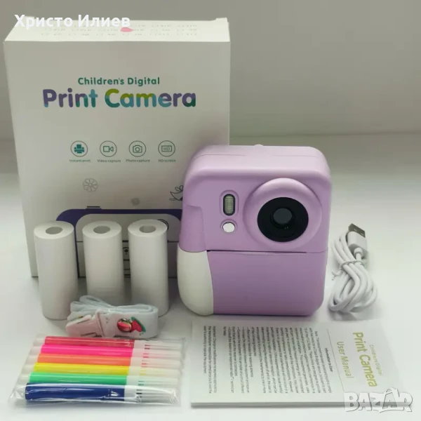 Детска камера с функция за печат Детски фотоапарат с дисплей за моментни снимки Лилав, снимка 1