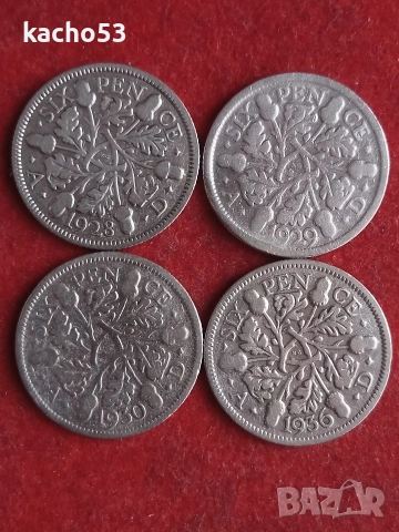 6 пенса 1928,29,30,36 г.- сребро. , Великобритания.