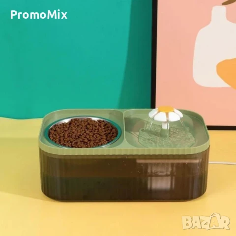 Фонтан за котки с купа за храна 2в1 LY-429-Green USB Поилка и хранилка за животни диспенсър за вода, снимка 5 - Други стоки за животни - 50645322