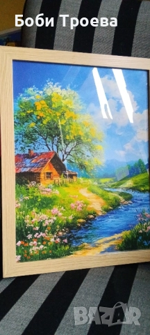 Хармония-пасторална сцена с къщичка, поток и диви цветя, идеална за домашен декор на дома,, снимка 4 - Картини - 51977714