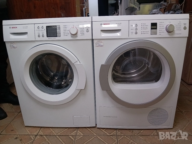Комплект пералня и сушилня с термопомпа Бош Bosch Serie 6 A+++ 8кг 2 години гаранция!
