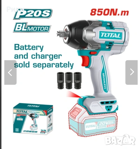 Нов Акумулаторен ударен безчетков гайковерт TOTAL INDUSTRIAL, 1/2", 20 V, 850 Nm