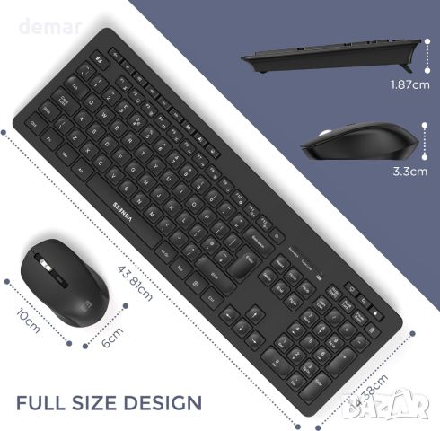Комплект безжична клавиатура и мишка, 2,4 GHz USB клавиатура, мишка, пълен размер QWERTY клавиатура, снимка 4 - Клавиатури и мишки - 45372462