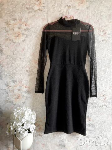 Елеганта черна рокля по тялото еластична с тюлен гръб и ръкави секси за повод 38 S/M- M, снимка 4 - Рокли - 45714037