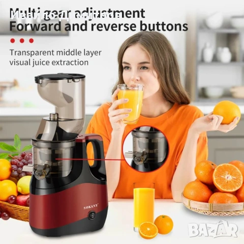 Професионална бавна сокоизстисквачка за студено пресоване Sokany SK-01005, 800W, снимка 2 - Обзавеждане на кухня - 54215755