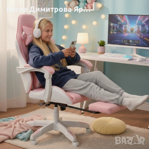 Ергономичен розов геймърски стол с поставка за крака, снимка 5 - Столове - 53965197