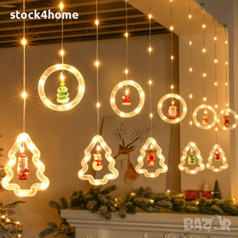 Лампички за коледа SIKS, тип светеща завеса, 5 светещи ринга и 5 LED елхи, с различни фигури , снимка 8 - Декорация за дома - 52574079