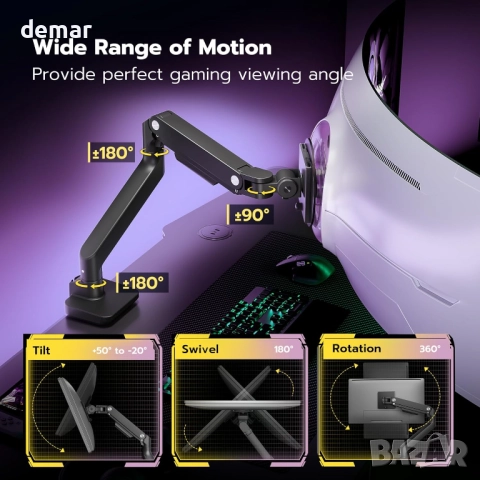 ARES WING Единично рамо за монитор от 17" до 49", черно, до 20 кг, снимка 4 - Монитори - 51687232