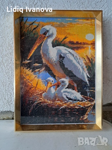 Диамантен гоблен щъркел-готов и рамкиран, снимка 4 - Гоблени - 50444260