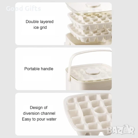 Контейнер за лед с 3 нива и натискащ механизъм – Кутия с форма за кубчета, капак и щипка, снимка 7 - Други стоки за дома - 51060969