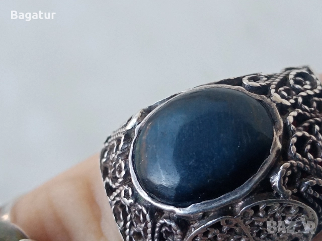 Пръстен с котешко око,сребро,филигран ажур