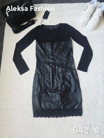 Дамска кожена рокля с ръкави от тюл, снимка 2 - Рокли - 47560475