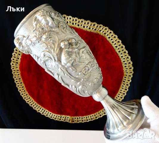 Калаен бокал,чаша за вино,глави на овен,ангели,барок. , снимка 7 - Антикварни и старинни предмети - 51704366