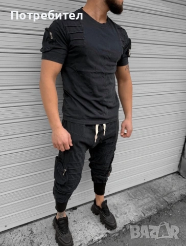 Мъжки черен екип от тениска и долнище със джобове и ципове, снимка 2 - Спортни дрехи, екипи - 53515641