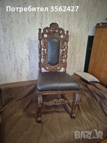стол с богата дърворезба тапициран с естествина кожа.Реставриран, снимка 2 - Столове - 53963063