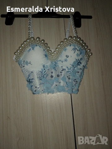 Бюстие в син цвят с перли, снимка 5 - Корсети, бюстиета, топове - 54195284
