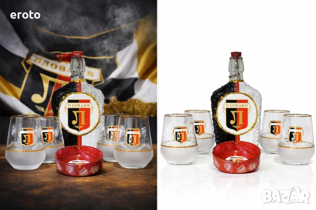 ТОП Подарък за фен на Локо Пловдив – бутилка - чаши - пепелник