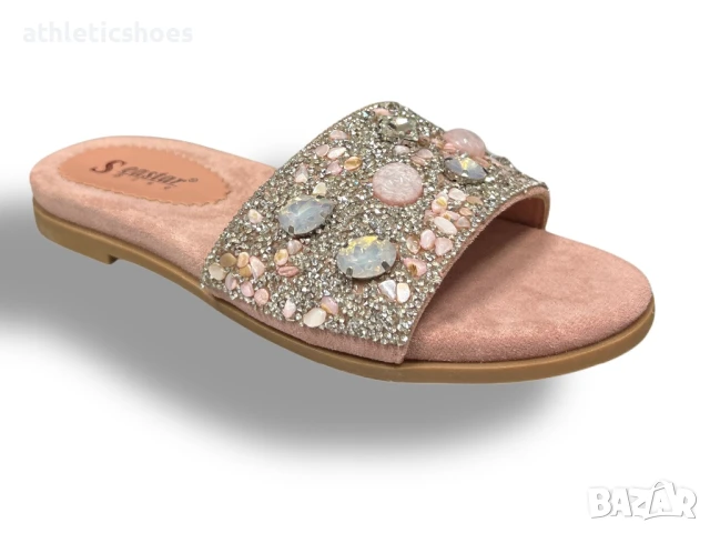 Дамски чехли с камъни в розово