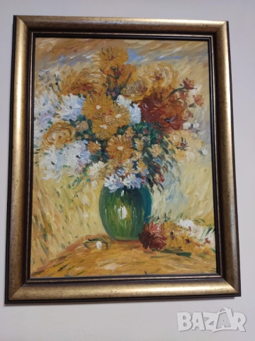 3 маслени картини в/у платно-натюрморт цветя и морски пейзаж, снимка 6 - Антикварни и старинни предмети - 53390178