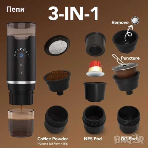 преносима еспресо кафе машина Bescost, снимка 2 - Кафемашини - 53625517