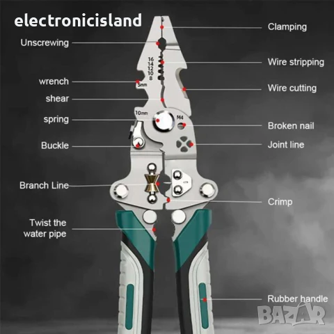 12 в 1 Сгъваеми клещи, мултифунционален инструмент за оголване на кабели, рязане, кримпване, снимка 12 - Клещи - 50750292