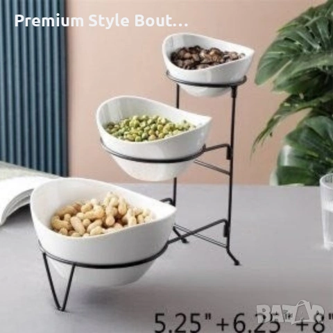 Комплект 3 керамични купи за ядки на три нива с метална стойка, снимка 6 - Други - 53916069