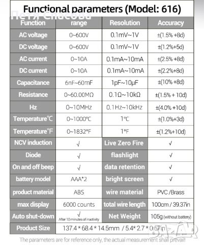 Интелигентен цифров мултиметър, мултицет, измервателен уред, Smart Multimeter ANENG 616, снимка 9 - Друга електроника - 46705148