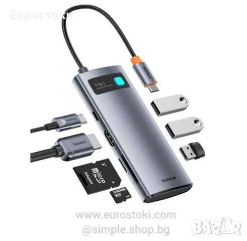 Мултифункционален USB хъб Baseus 7 в 1, адаптер USB C към HDMI, снимка 1 - Кабели и адаптери - 46290119