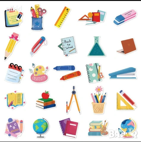 50 бр училище училищни учебни инструменти самозалепващи лепенки стикери украса декор картонена торта, снимка 3 - Други - 53963220