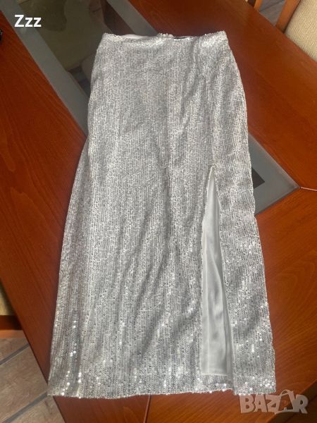 Дамска сребърна пола с пайети, снимка 1