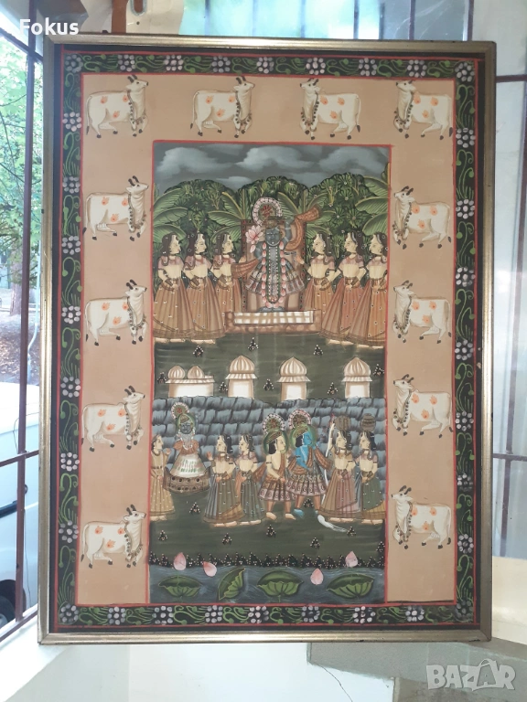 Стара огромна много красива индийска картина върху плат, снимка 1