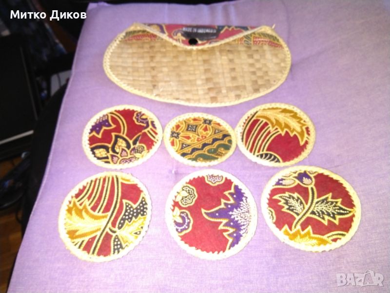 Комплект от 6 подложки за чаши ръчно тъкани палмови листа покрити  плат с калъф Индонезия нов, снимка 1