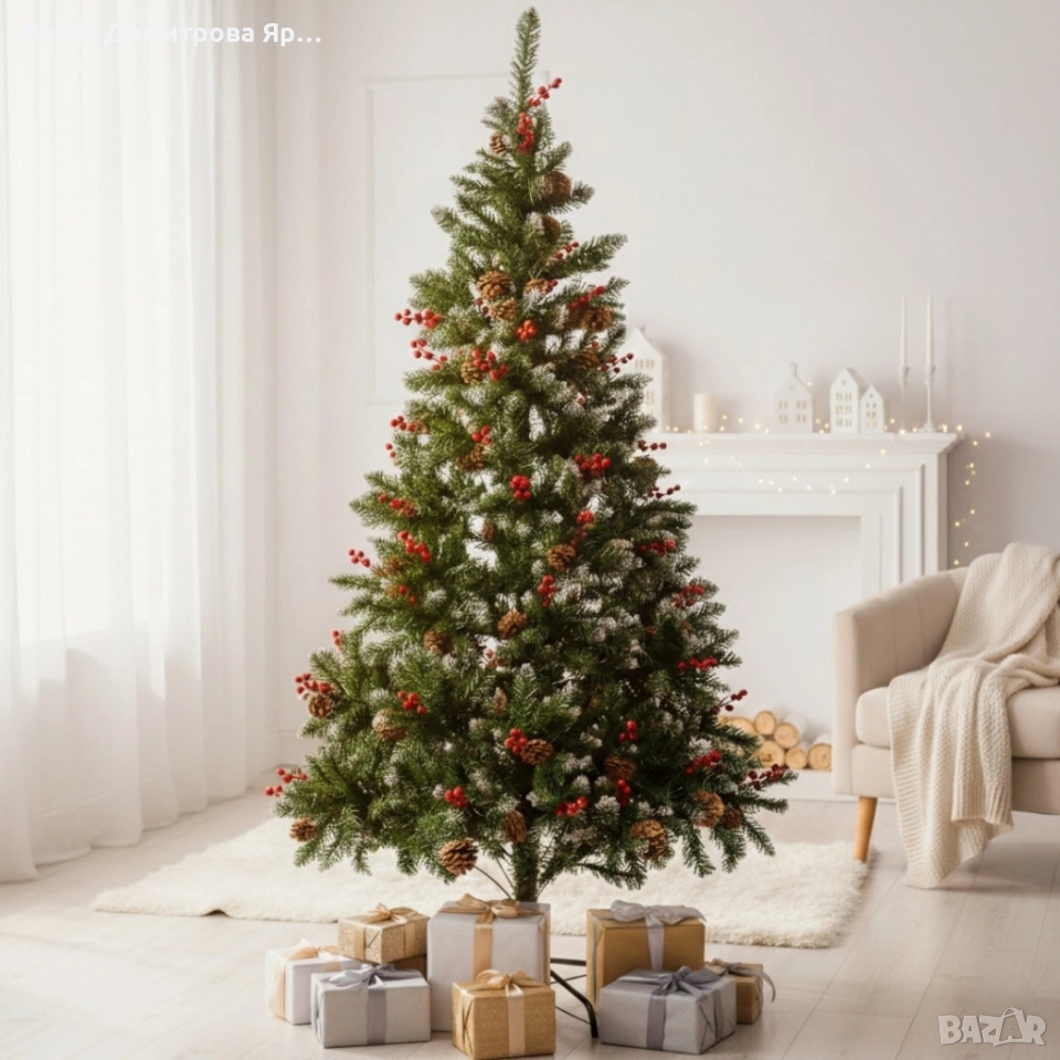 Изкуствена елха Luxury Diamond с червен глог и шишарки, снимка 1