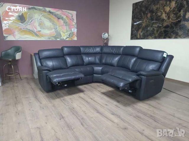 Черен кожен ъглов диван с електрически релаксиращ механизъм Gracy, снимка 7 - Дивани и мека мебел - 46475382