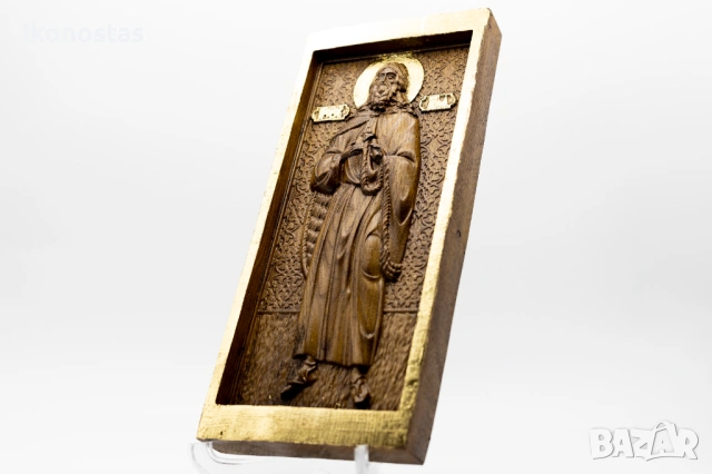 Позлатена икона на пророк Илия от масивен дъб с детайли от злато, снимка 3 - Икони - 53224822